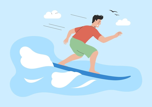 Concept D'activité Physique Mode De Vie Sain Et Pratique Du Sport Un Mec Heureux Nage Sur Une Planche De Surf Sur Les Vagues Surfeur Professionnel Sur Une Planche De Surf Ou Une Planche à Pagaie Cartoon Illustration Vectorielle Plane