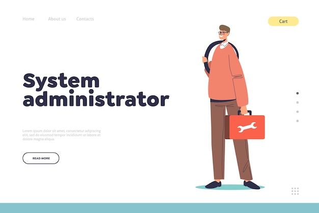 Vecteur concept d'administrateur système de page de destination avec un travailleur prêt à réparer l'ordinateur et le serveur