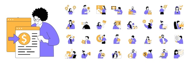 Concept d'affaires et de finances avec des personnes situations méga établies dans la conception web plate Scènes de gestion financière et d'investissement en paquet Illustrations vectorielles pour le matériel de marketing de bannières sur les médias sociaux