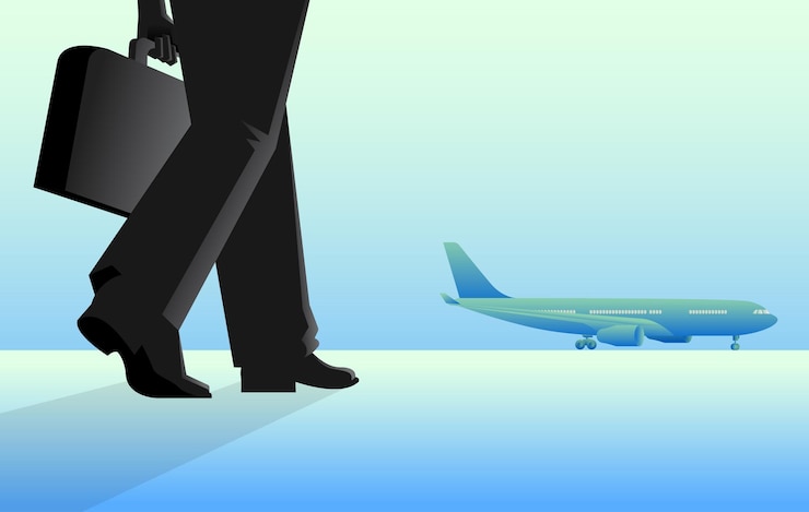 Vecteur concept d'affaires de vacances d'un homme portant une valise marchant vers l'avion