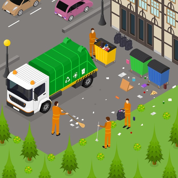 Vecteur concept d'affiche de carte de recyclage des déchets vue isométrique 3d incluant des personnes, des voitures et des poubelles illustration vectorielle du service