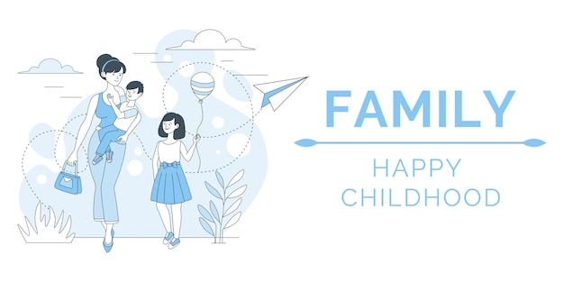 Concept D'affiche Familiale. Heureuse Maman Marchant En Plein Air Avec Illustration Enfants, Fille Et Fils.