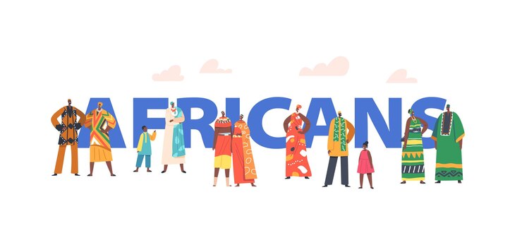 Vecteur concept d'africains africains en vêtements traditionnels personnages adultes et enfants en costumes nationaux colorés