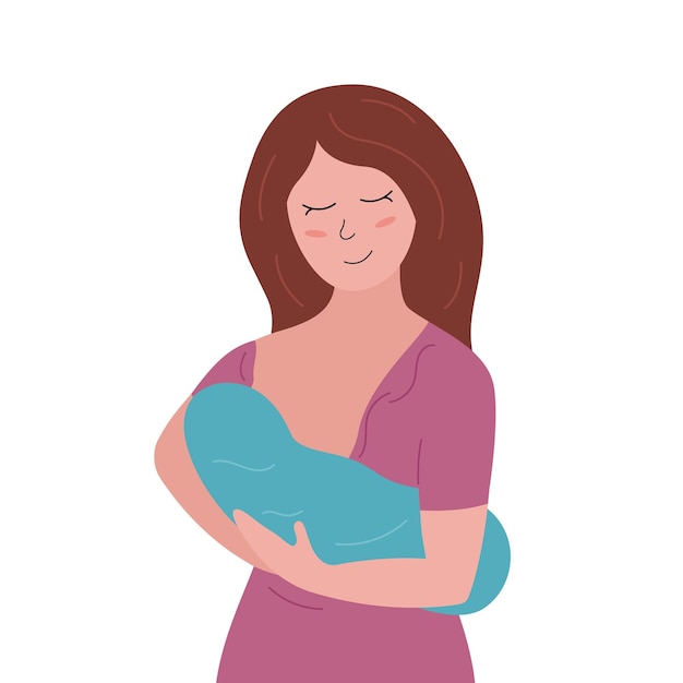 Vecteur concept d'allaitement jolie mère heureuse tenant et nourrissant bébé femme souriante de dessin animé et enfant nouveau-né illustration vectorielle plate