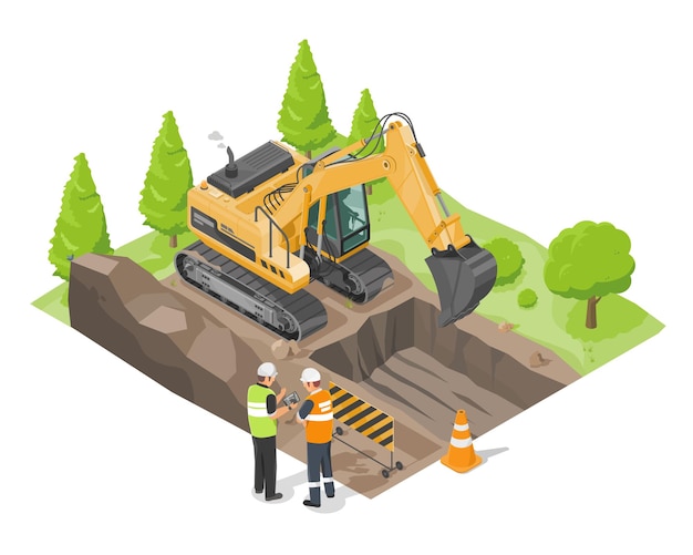 Concept D'aménagement Du Terrain: Dégagement Par Excavatrice Dans La Forêt Isométrique Et Ingénieur Travaillant Avec L'ouvrier