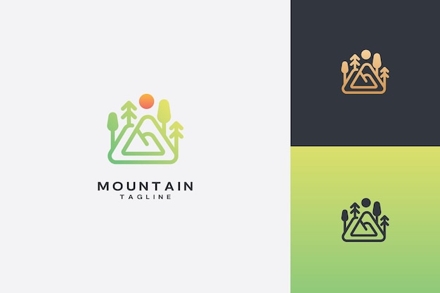 Concept d'aménagement paysager de logo vectoriel d'attraction touristique de montagne et de paysage