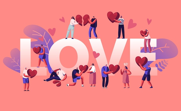 Concept d'amour et de chagrin. Illustration plate de dessin animé