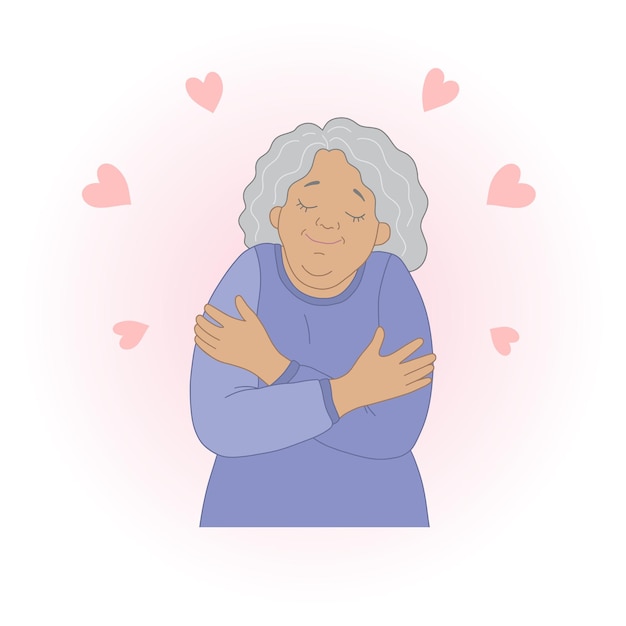 Concept d'amour de soi femme âgée heureuse se serrant dans ses bras illustration dans un style plat