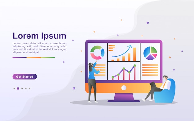 Concept D'analyse De Données. Les Gens Analysent Les Mouvements Des Graphiques Et Le Développement Des Affaires. Gestion Des Données, Audit Et Reporting. Peut Utiliser Pour La Page De Destination Web, La Bannière, Le Dépliant, L'application Mobile.