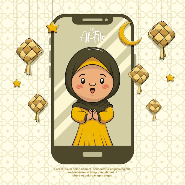 Concept d'appel vidéo de carte de voeux pour l'Aïd Al-Fitr islamique avec gâteau de riz Ketupat