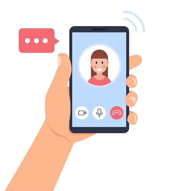 Concept d'appel vidéo Main tenant un smartphone avec avatar féminin à l'écran Illustration vectorielle