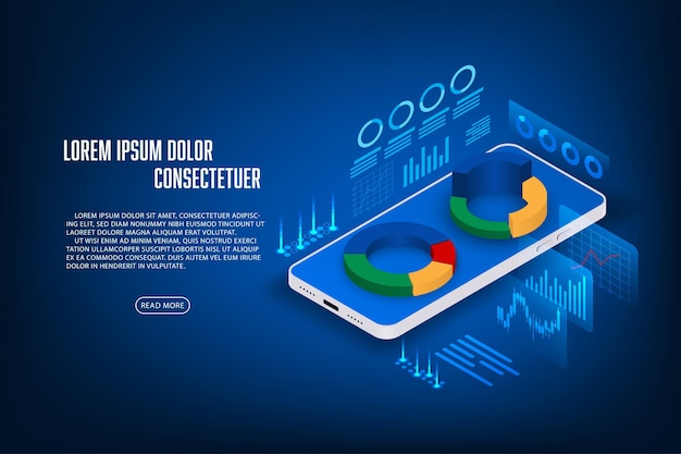 Concept D'application En Ligne De Finance Et De Commerce Vectoriel Mobilephone Et Hologramme Graphique Isométrique