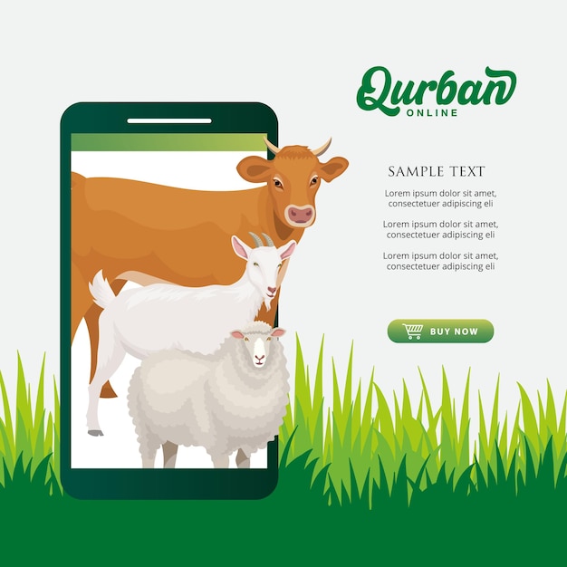 Concept d'application mobile Qurban en ligne. Illustration d'un téléphone intelligent avec un animal sacrificiel pour l'Aïd al Adha