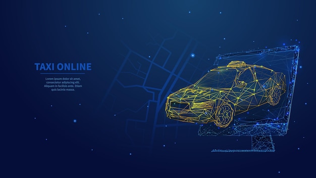 Concept d'application de service de commande de taxi en ligne Taxi jaune abstrait partant de l'écran de l'ordinateur