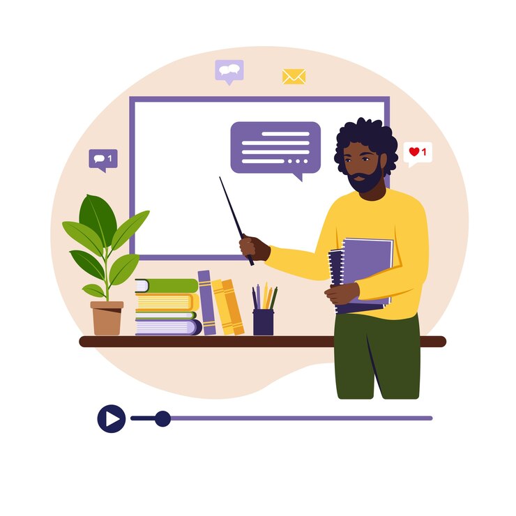 Concept d'apprentissage en ligne. Professeur africain au tableau, leçon vidéo.