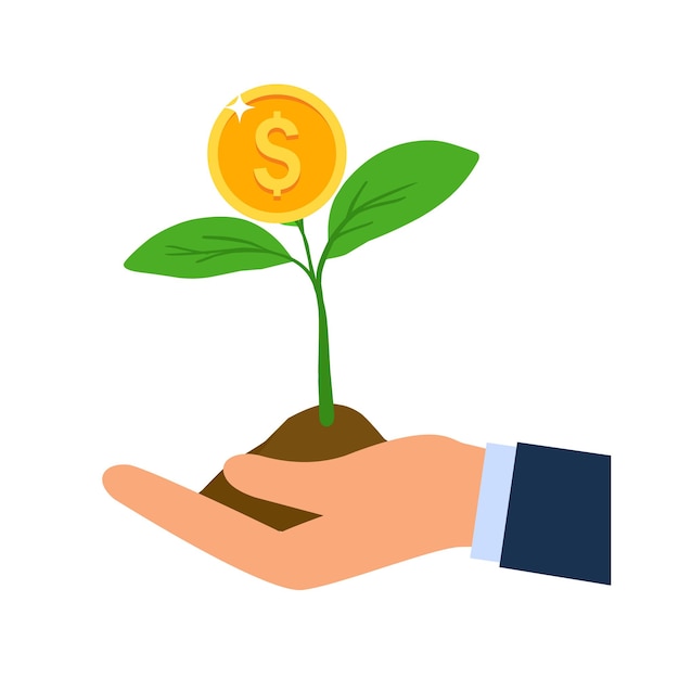 Concept d'argent avec une plante poussant à partir de pièces en main