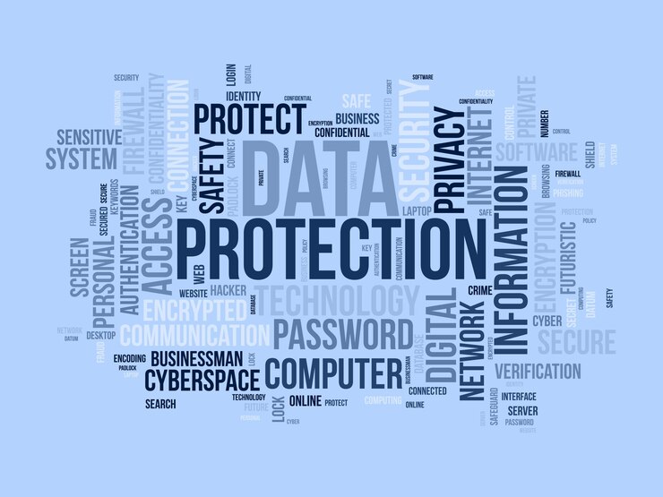 Vecteur concept d'arrière-plan de nuage de mots pour la protection des données chiffrement de la technologie de réseau de sécurité numérique de l'illustration vectorielle de cyber sécurité cloud