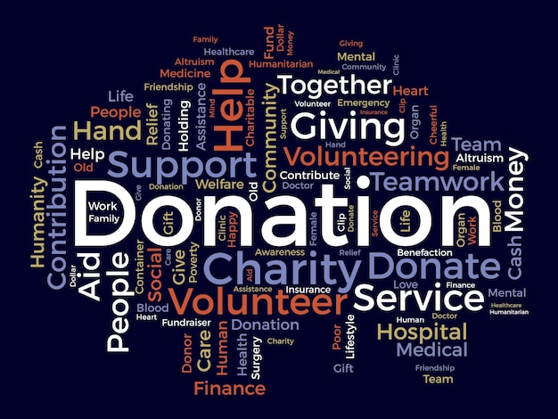 Concept d'arrière-plan de nuage de mots pour le soutien de charité de DON contribution financière aide de l'illustration vectorielle de collecte de fonds communautaire