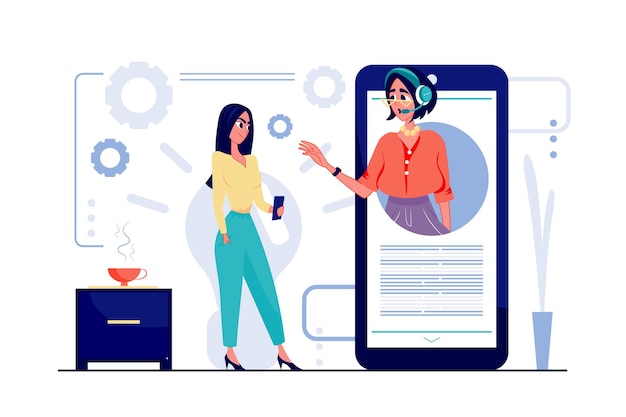 Concept D'assistant Virtuel Dans La Conception De Dessin Animé Plat Femme Appelant Au Centre D'assistance Pour Résoudre Le Problème