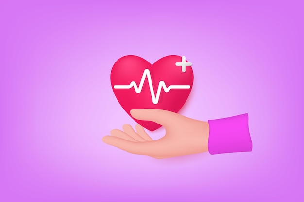 Vecteur concept d'assurance maladie 3d avec deux mains humaines un battement de coeur rouge et une illustration vectorielle 3d croisée