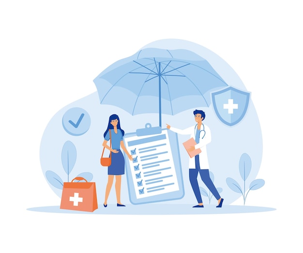 Vecteur concept d'assurance maladie grand bloc-notes avec document dessus sous le parapluie
