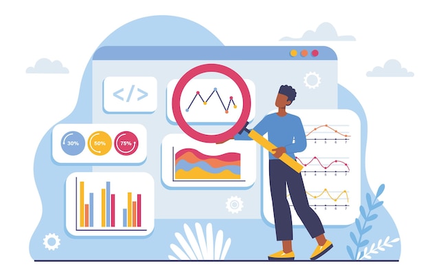 Vecteur concept d'audit de site web l'homme avec la loupe évalue les graphiques, les diagrammes et les graphiques infographies et statistiques le spécialiste du référencement évalue le comportement de l'utilisateur illustration vectorielle plate de dessin animé