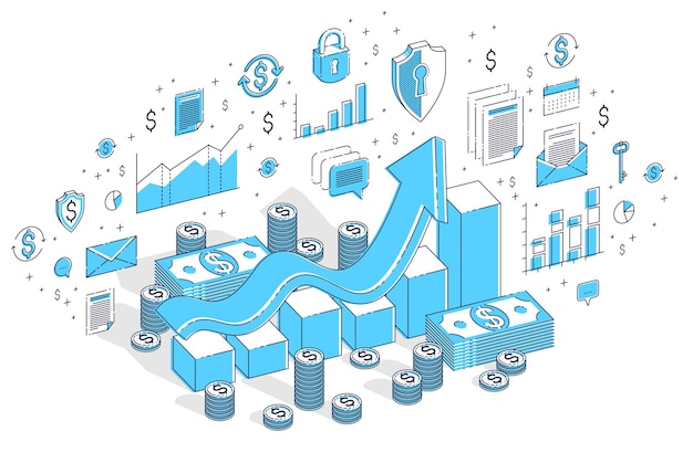 Concept d'augmentation du succès et des revenus, barre de statistiques du graphique de croissance avec pile d'argent en espèces isolée sur blanc. Illustration isométrique d'entreprise vectorielle 3d avec icônes, graphiques de statistiques et éléments de conception.