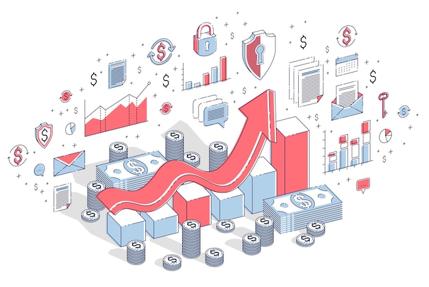 Concept d'augmentation du succès et des revenus, barre de statistiques du graphique de croissance avec pile d'argent liquide isolée sur blanc. Vector illustration d'entreprise isométrique 3d avec des icônes, des graphiques de statistiques et des éléments de conception.