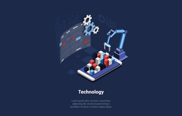 Concept D'automatisation De Processus Et De Développement D'applications Avec Des Technologies De Pointe Et De La Programmation Bras De Robot D'automatisation De Processus Robotique Gérer Sur L'écran Du Smartphone Illustration Vectorielle Isométrique 3D