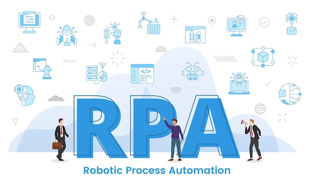 Vecteur concept d'automatisation de processus robotique rpa avec de grands mots et des personnes entourées d'une icône associée avec un style de couleur bleue