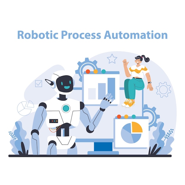 Vecteur le concept d'automatisation des processus robotiques décrit l'efficacité des opérations commerciales basée sur l'aide.