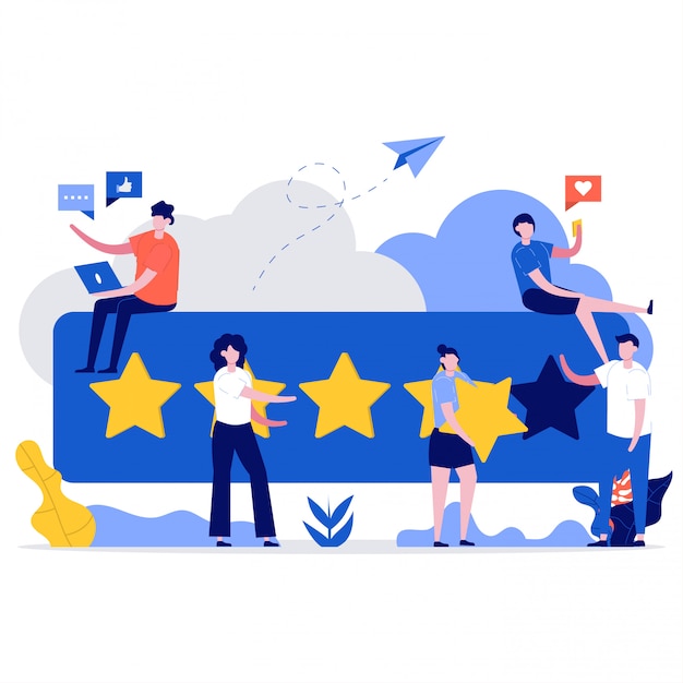 Concept d'avis client. Personnages de personnes donnant des commentaires cinq étoiles. Les clients choisissent la cote de satisfaction et laissent un avis positif