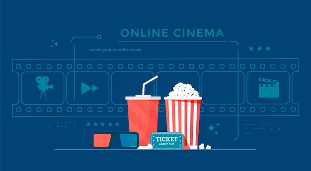 Concept De Bannière De Cinéma En Ligne Avec Pop-corn, Pellicule Et Lunettes 3d. Illustration De Streaming De Film