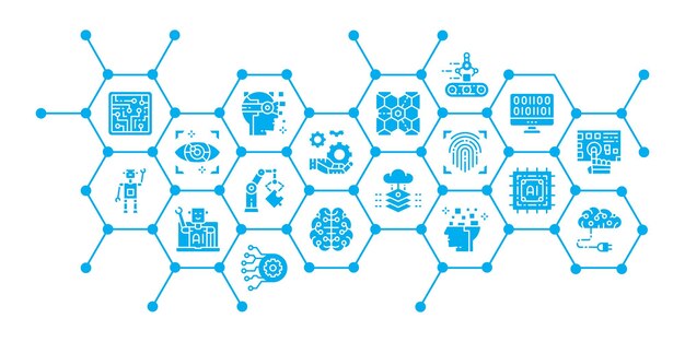 Concept de bannière d'icône d'intelligence artificielle Robotique Chatbot Base de données Big Data bannière vectorielle