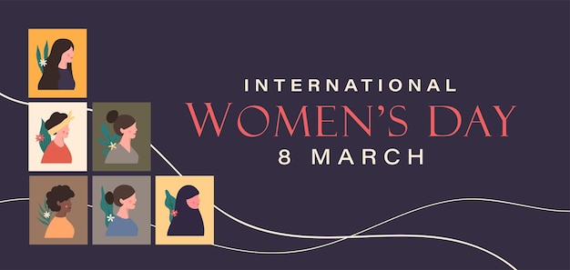 Concept De Bannière De La Journée Internationale Des Femmes Avec La Conception D'illustration De Visage Plat Portrait