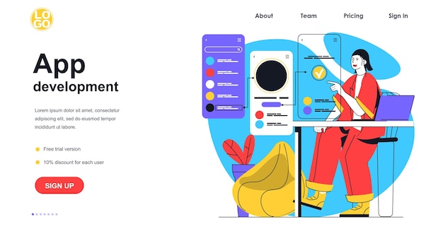 Concept De Bannière Web De Développement D'applications. La Programmeuse Femme Crée Et Optimise L'application D'interface Pour Téléphone Mobile, Programme Le Modèle De Page De Destination. Illustration Vectorielle Avec Scène De Personnes Au Design Plat