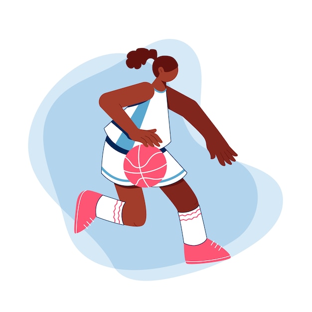 Vecteur concept de basket-ball féminin. adolescente africaine jouant avec le ballon. illustration.