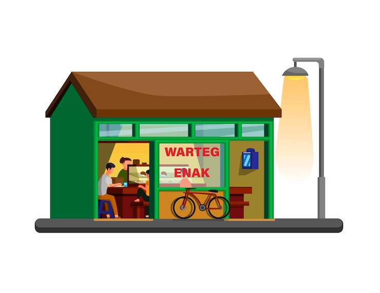Vecteur concept de bâtiment de restaurant traditionnel indonésien warteg en vecteur d'illustration de dessin animé isolé