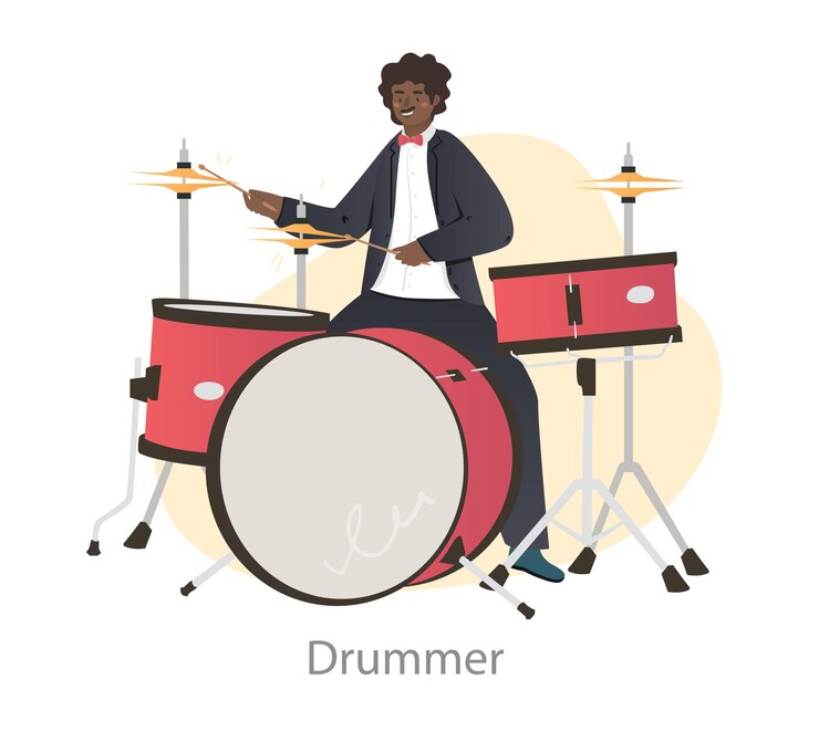 Vecteur concept de batteur masculin homme assis derrière un kit de batterie et créant le rythme de la mélodie personnage joue de la musique