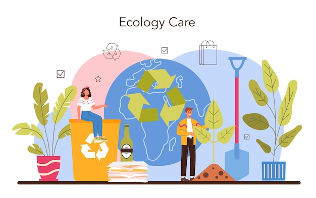 Vecteur le concept de bénévolat définit un travailleur social qui s'occupe de l'écologie des planètes