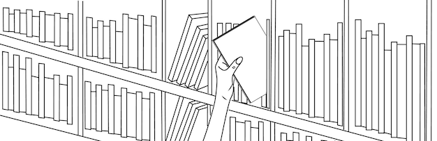 Concept de bibliothèque dans le style de contour vectoriel Étagères dans la bibliothèque publique La main tient le livre et le met sur l'étagère Bannière horizontale de revue de livre