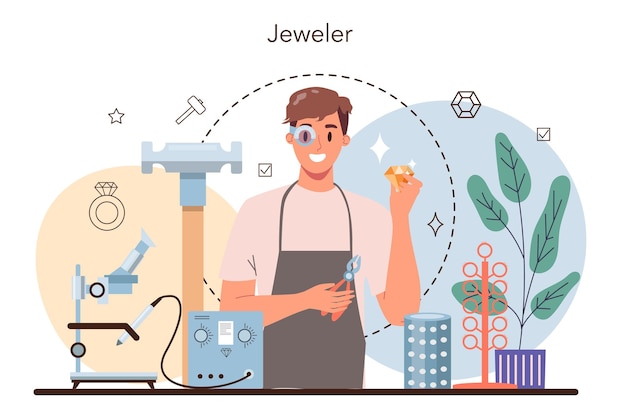 Concept De Bijoutier Orfèvre Examinant Et Facettant Le Diamant Avec Un Outil Artisanal Créateur De Bijoux En Pierres Précieuses Idée De Personnes Créatives Et De Profession Illustration Vectorielle