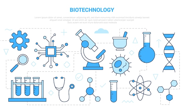 Concept De Biotechnologie Avec Bannière De Modèle De Jeu D'icônes Avec Illustration De Style De Couleur Bleu Moderne