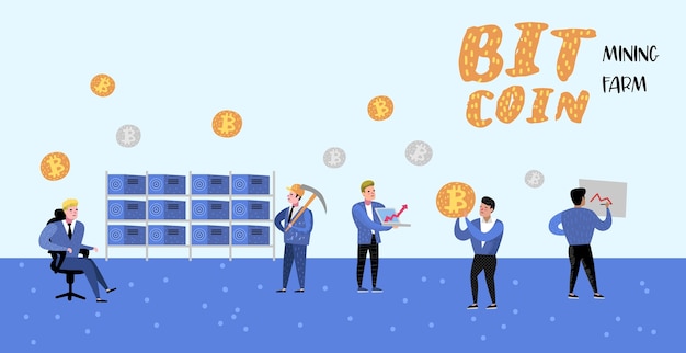 Concept De Bitcoin Avec Affiche De Personnages De Dessins Animés Plats