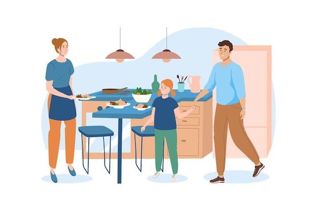 Concept Bleu Intérieur Avec Scène De Personnes Dans La Conception De Dessin Animé Plat Mère Rencontre Sa Famille