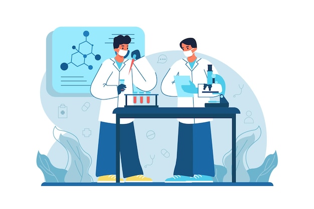 Concept bleu de médecine Laboratoire hospitalier avec scène de personnes dans le dessin animé plat