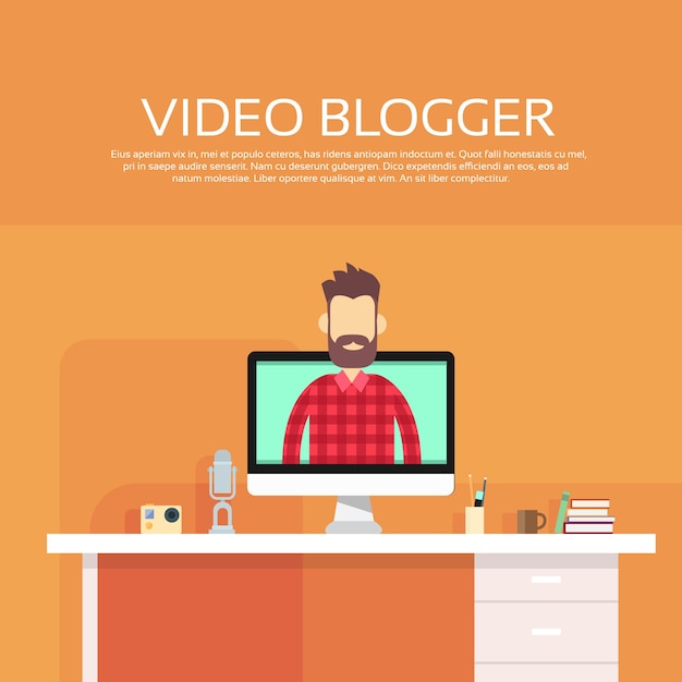 Concept De Blogging Vidéo Sur Ordinateur Blogger Homme