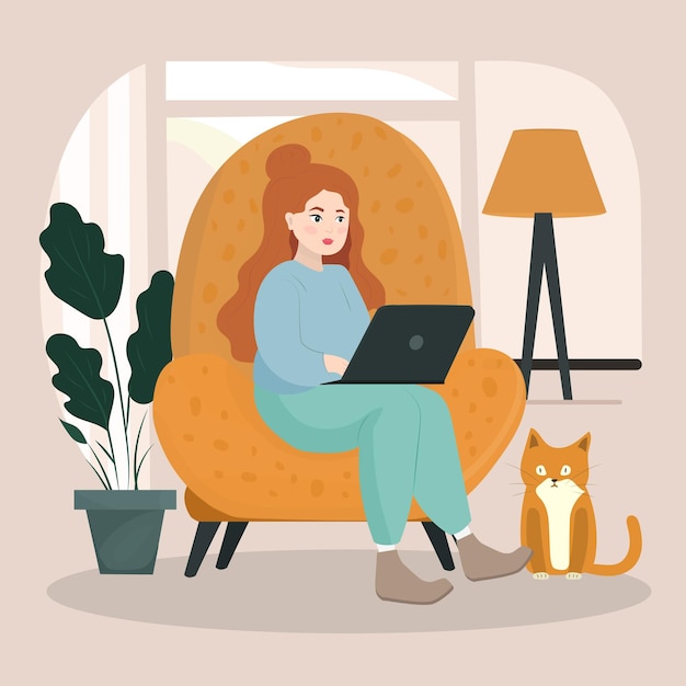 Concept de bureau à domicile, femme travaillant à domicile assise sur un fauteuil, étudiante ou pigiste.