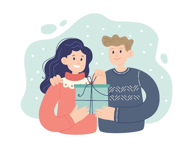 Vecteur concept de cadeaux de noël jeune couple heureux ouvrant un cadeau illustration vectorielle de style simple