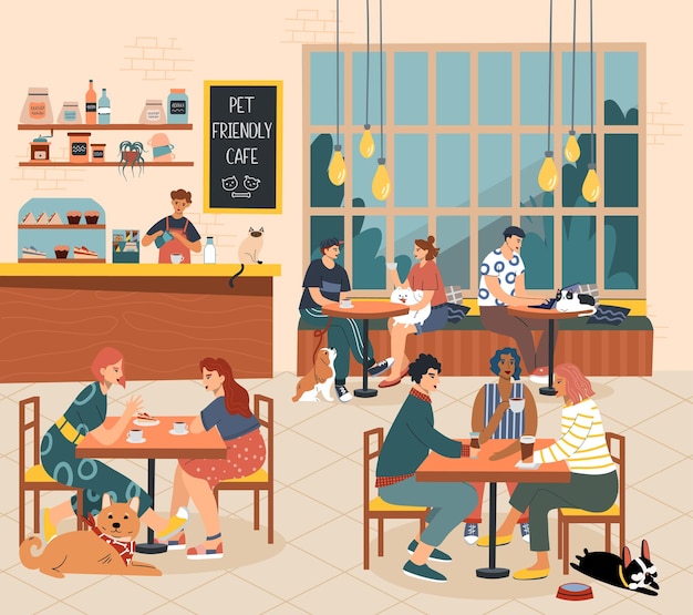 Le concept de café convivial pour les animaux de compagnie Les visiteurs du café s'assoient à la table avec leurs chiens et leurs chats